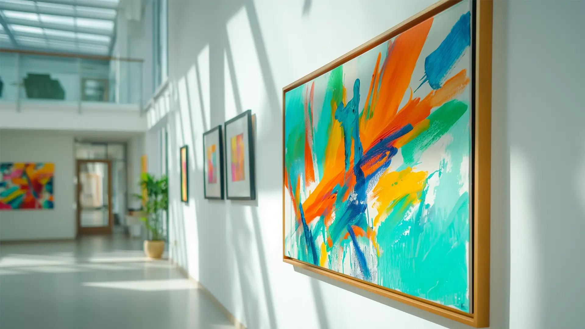Farverig abstrakt kunst på en lys gallerivæg.
